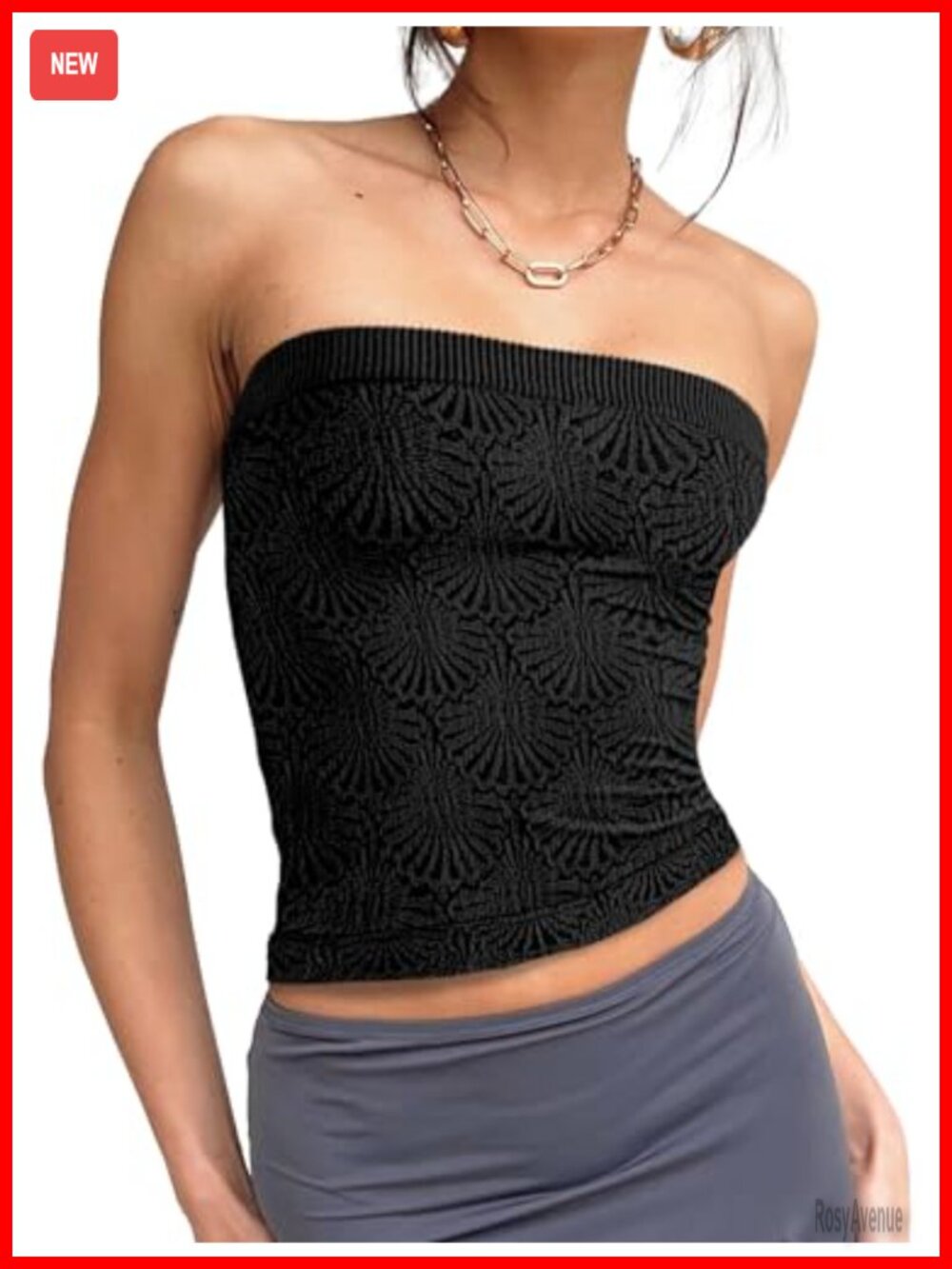 Jacquard Floral Tube Top Nylon Spandex Slim Fit Lettuce Hem